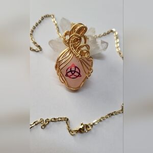 Rose Quartz w/Triquetra Celtic Symbol,Gold Plated Wire Wrapped Pendant Necklace